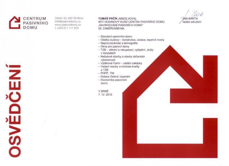 Tomáš Prčík - Centrum pasivních domů - certifikát
